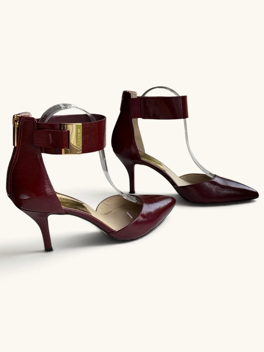 Michael Kors Burgundy Pointed-Toe Ankle-Strap Heels with Gold Accent
